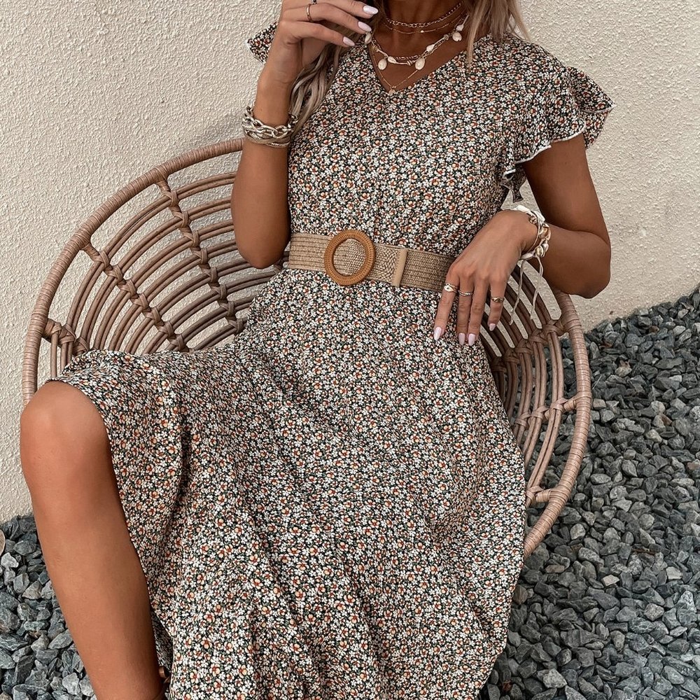 New Ditsy Floral Print Butterfly Sleeve Ruffle Hem Dress Without Belt